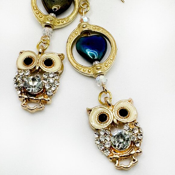 Hand Crafted Jewelry - NEW - Handmade - Rhinestone Owl Dangle Earrings